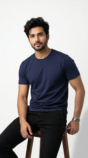 Solid Crew Neck T-Shirt – Regular Fit | Navy Blue