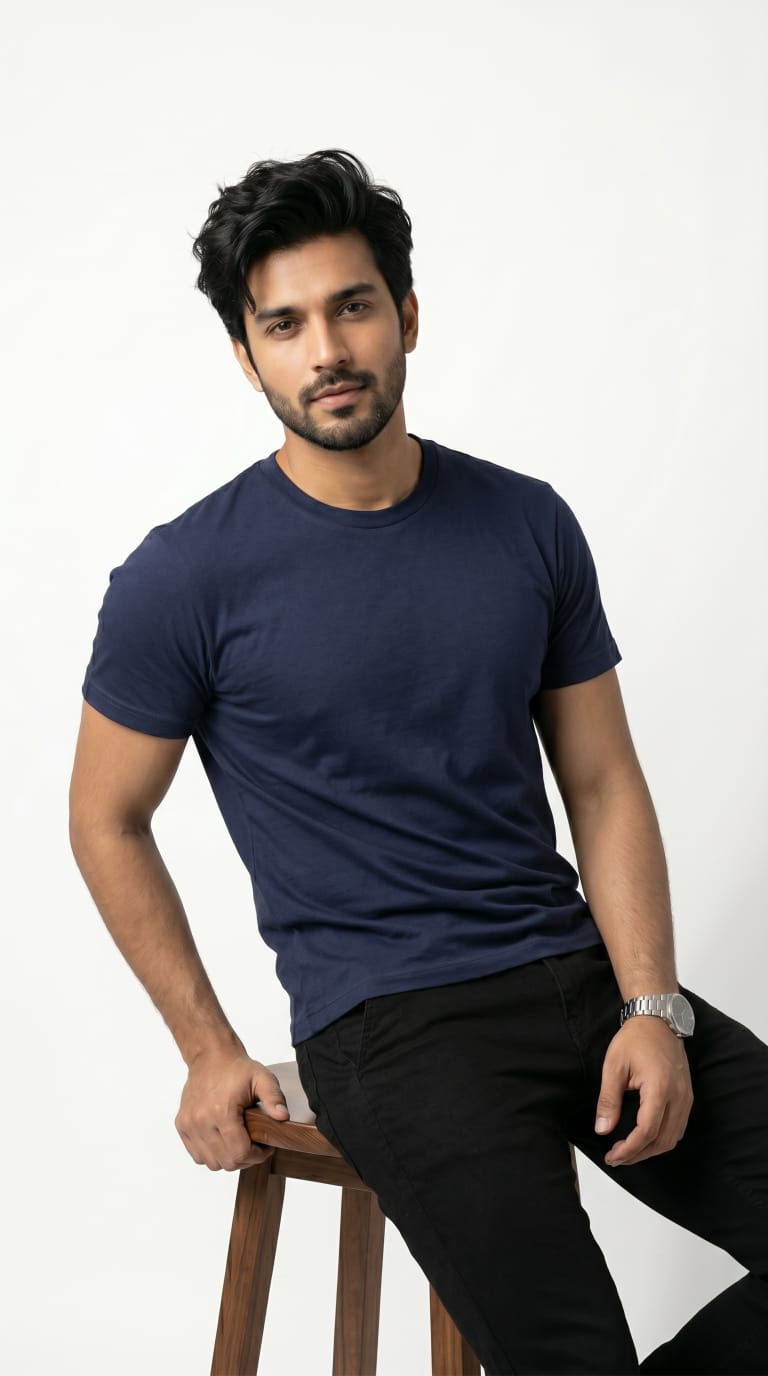 Solid Crew Neck T-Shirt – Regular Fit | Navy Blue