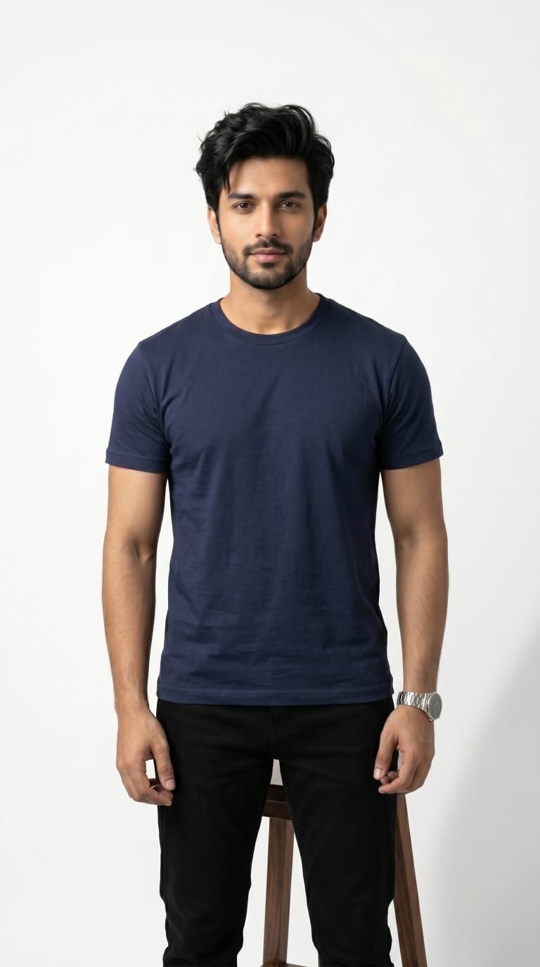 Solid Crew Neck T-Shirt – Regular Fit | Navy Blue