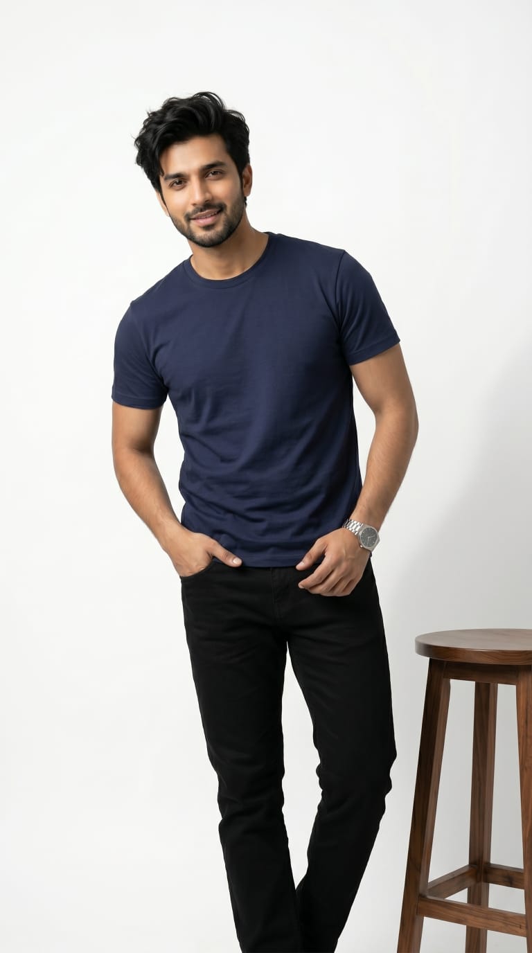Solid Crew Neck T-Shirt – Regular Fit | Navy Blue
