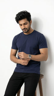 Solid Crew Neck T-Shirt – Regular Fit | Navy Blue