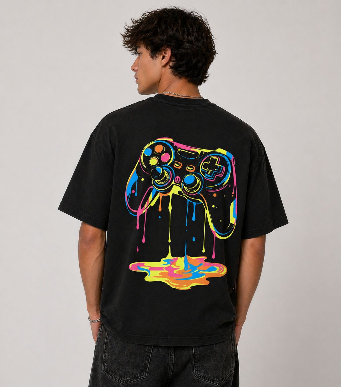 Neon Drip Controller Oversized Graphic T-Shirt – Black |