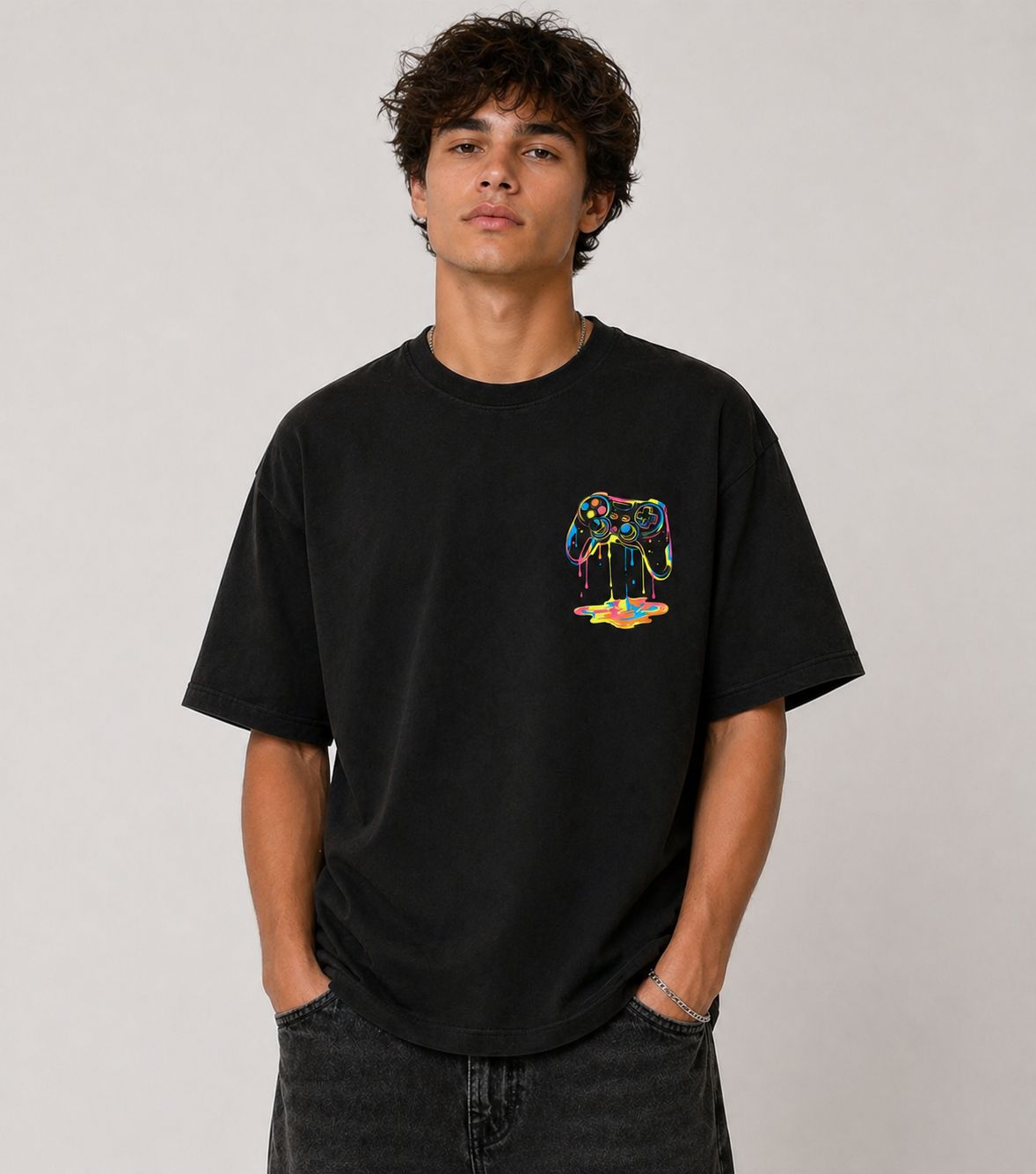 Neon Drip Controller Oversized Graphic T-Shirt – Black |-3