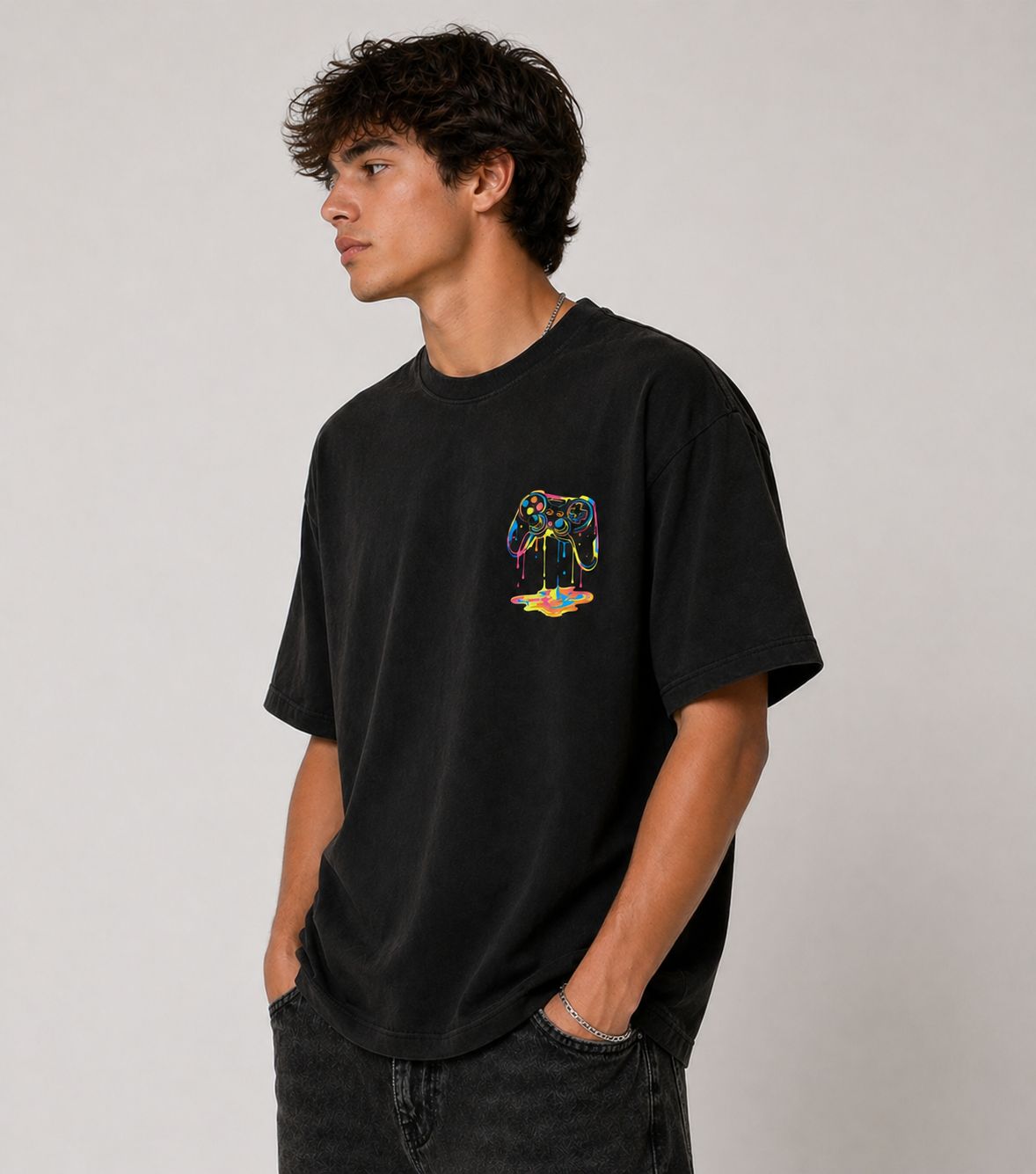 Neon Drip Controller Oversized Graphic T-Shirt – Black |