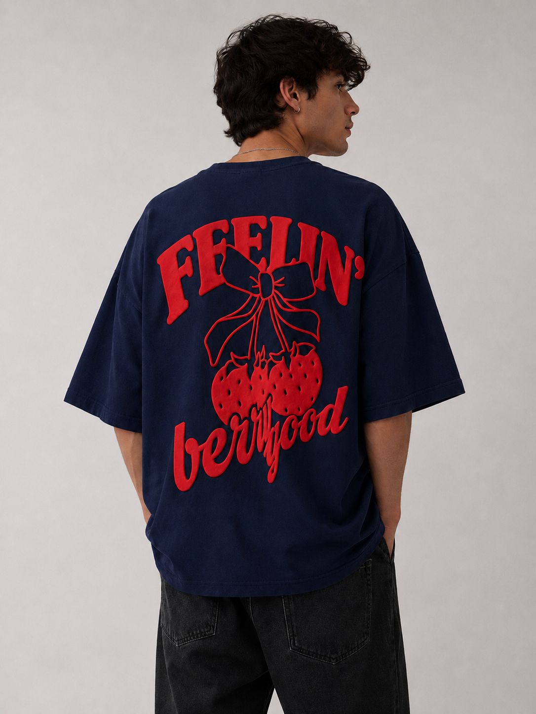 Feeling Berrygood Oversized Graphic T-Shirt – Navy Blue | Puff Print