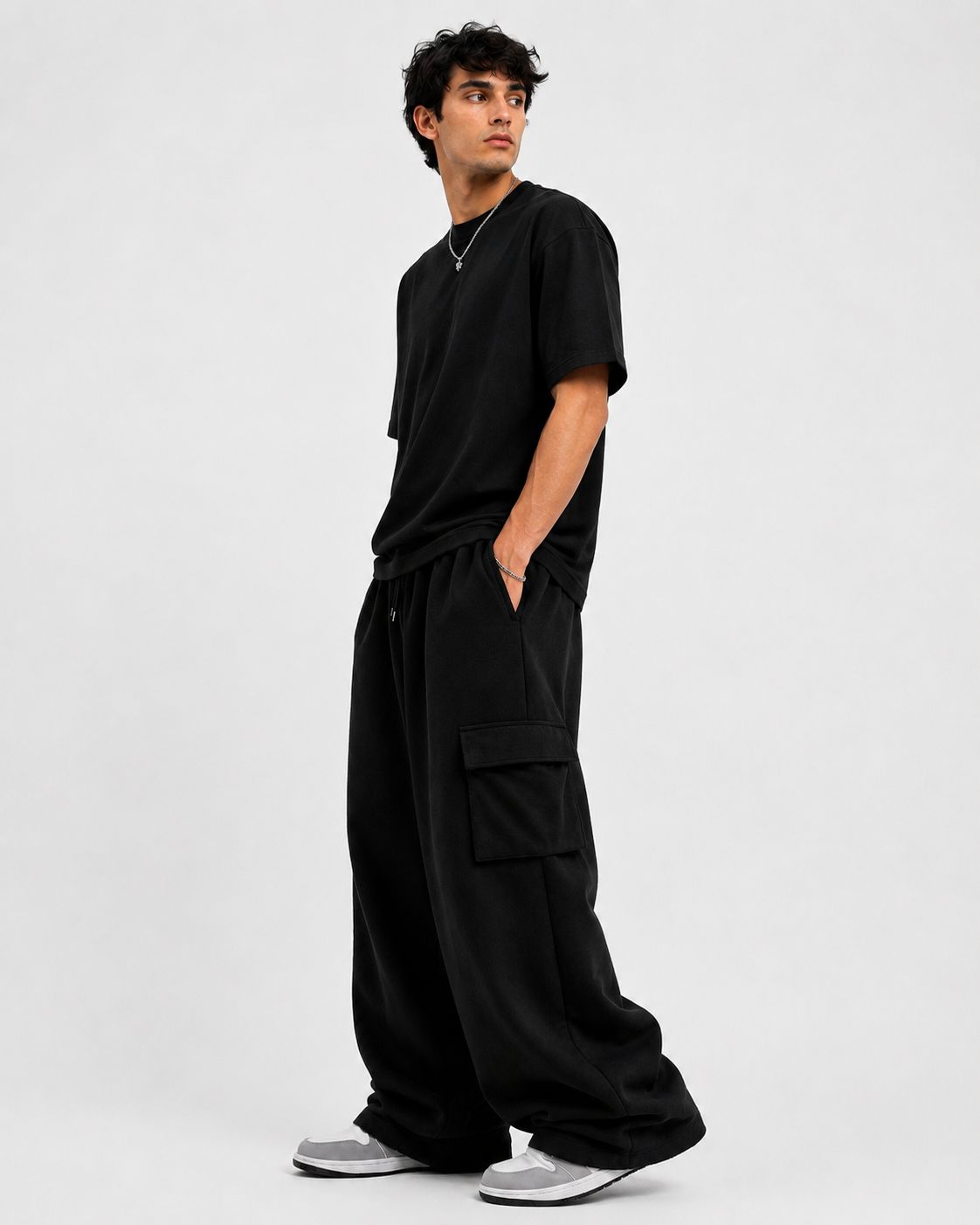 Relaxed Fit Cargo Trackpants – Black 260 Gsm-2