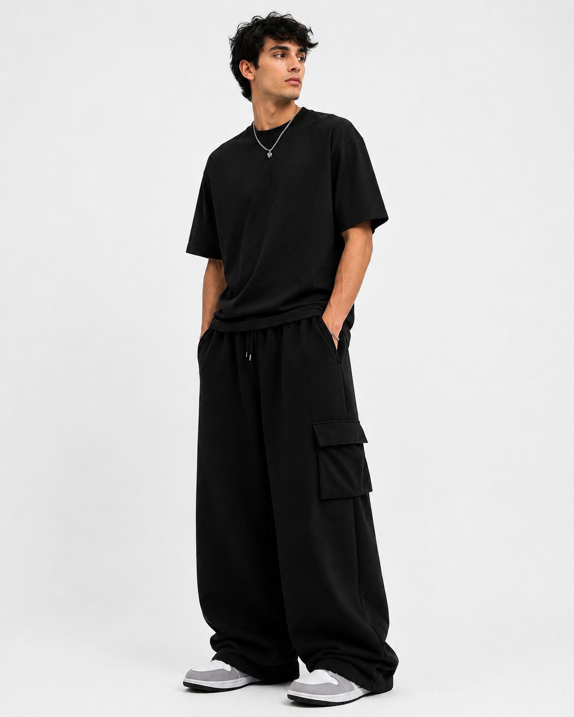 Relaxed Fit Cargo Trackpants – Black 260 Gsm-1