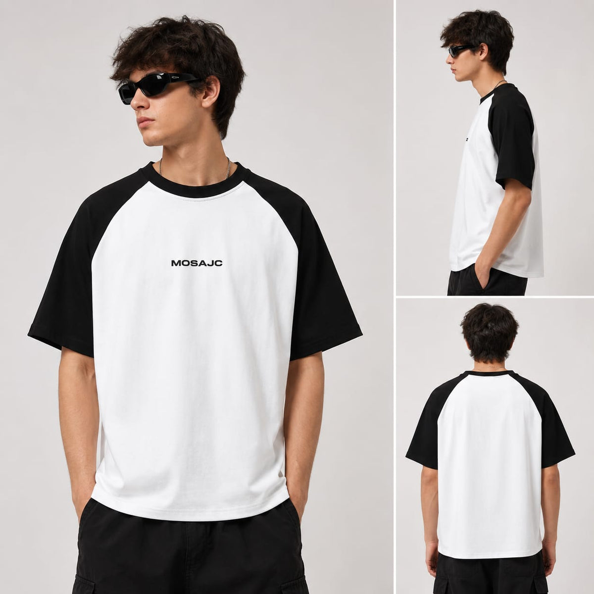 Signature Raglan Oversized T-Shirt – White/Black| 260 GSM French Terry Cotton | MOSAJC-3