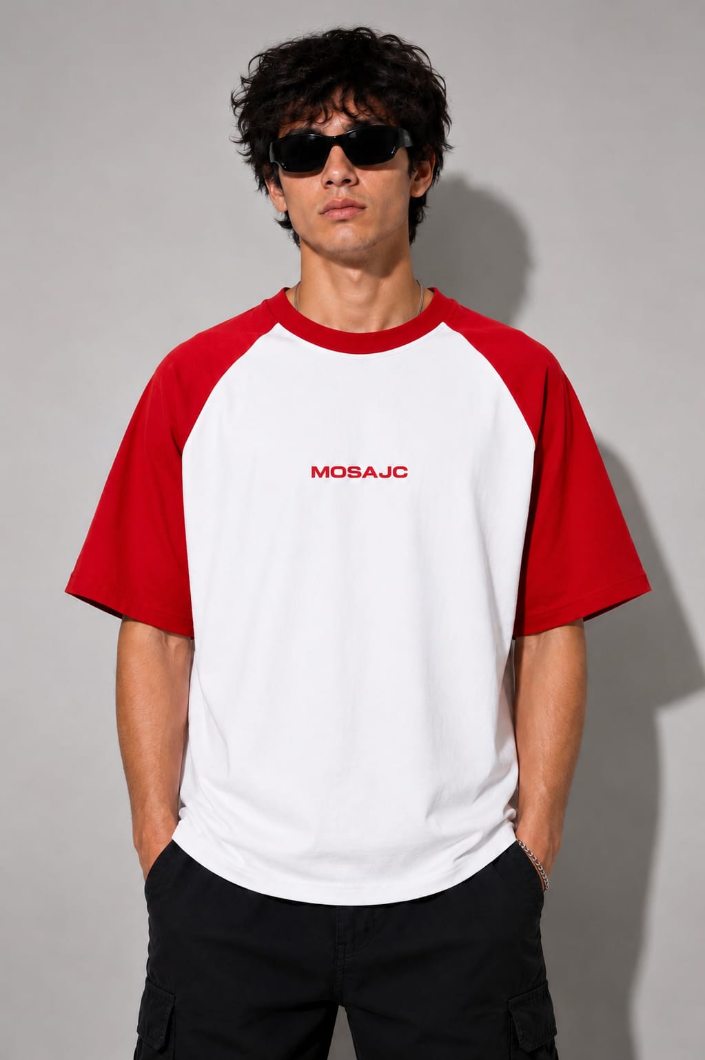 Signature Raglan Oversized T-Shirt – White/Red | 260 GSM French Terry Cotton | MOSAJC