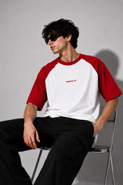Signature Raglan Oversized T-Shirt – White/Red | 260 GSM French Terry Cotton | MOSAJC