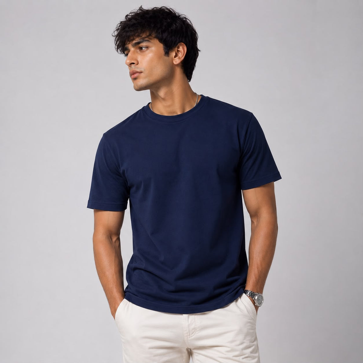 Solid Crew Neck T-Shirt – Regular Fit | Navy Blue