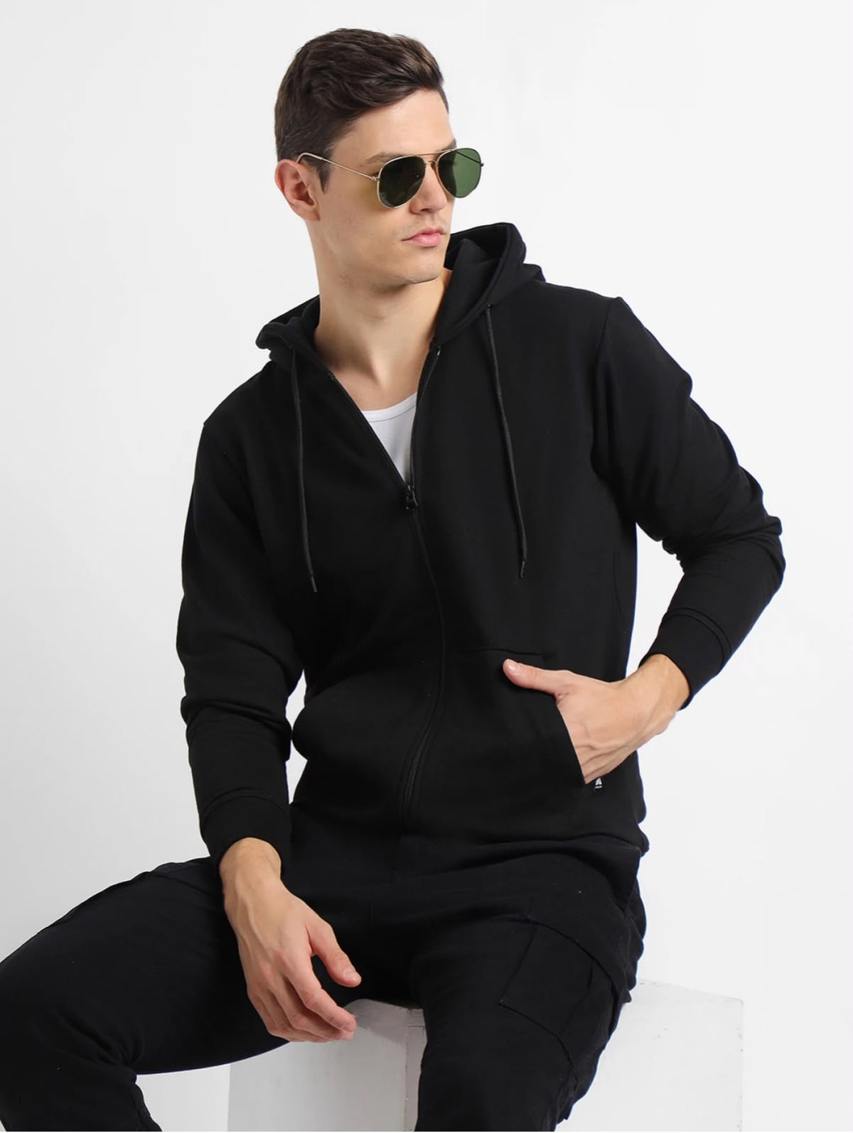 Solid Black Zipper Hoodie-3