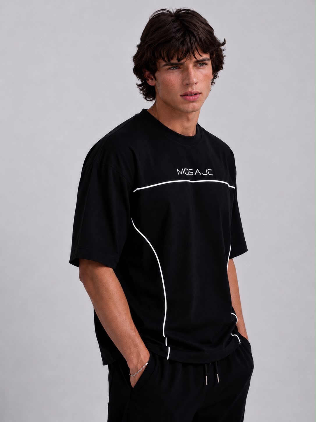 MOSAJC White Volt Piping Oversized T-Shirt – 260 GSM French Terry Cotton-2