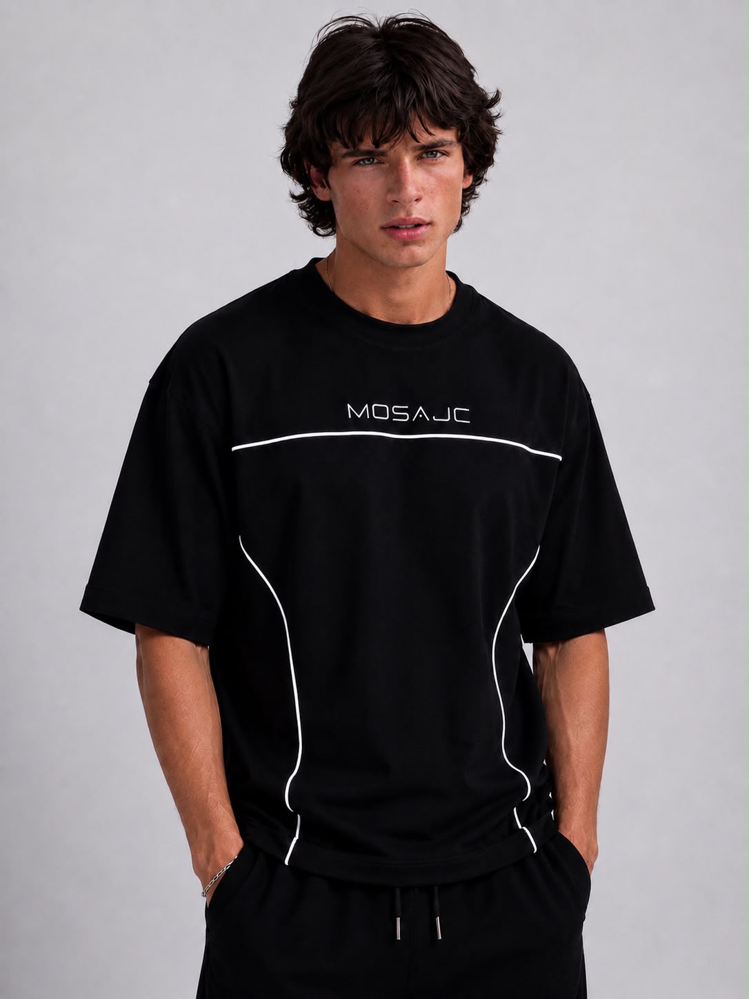 MOSAJC White Volt Piping Oversized T-Shirt – 260 GSM French Terry Cotton-3