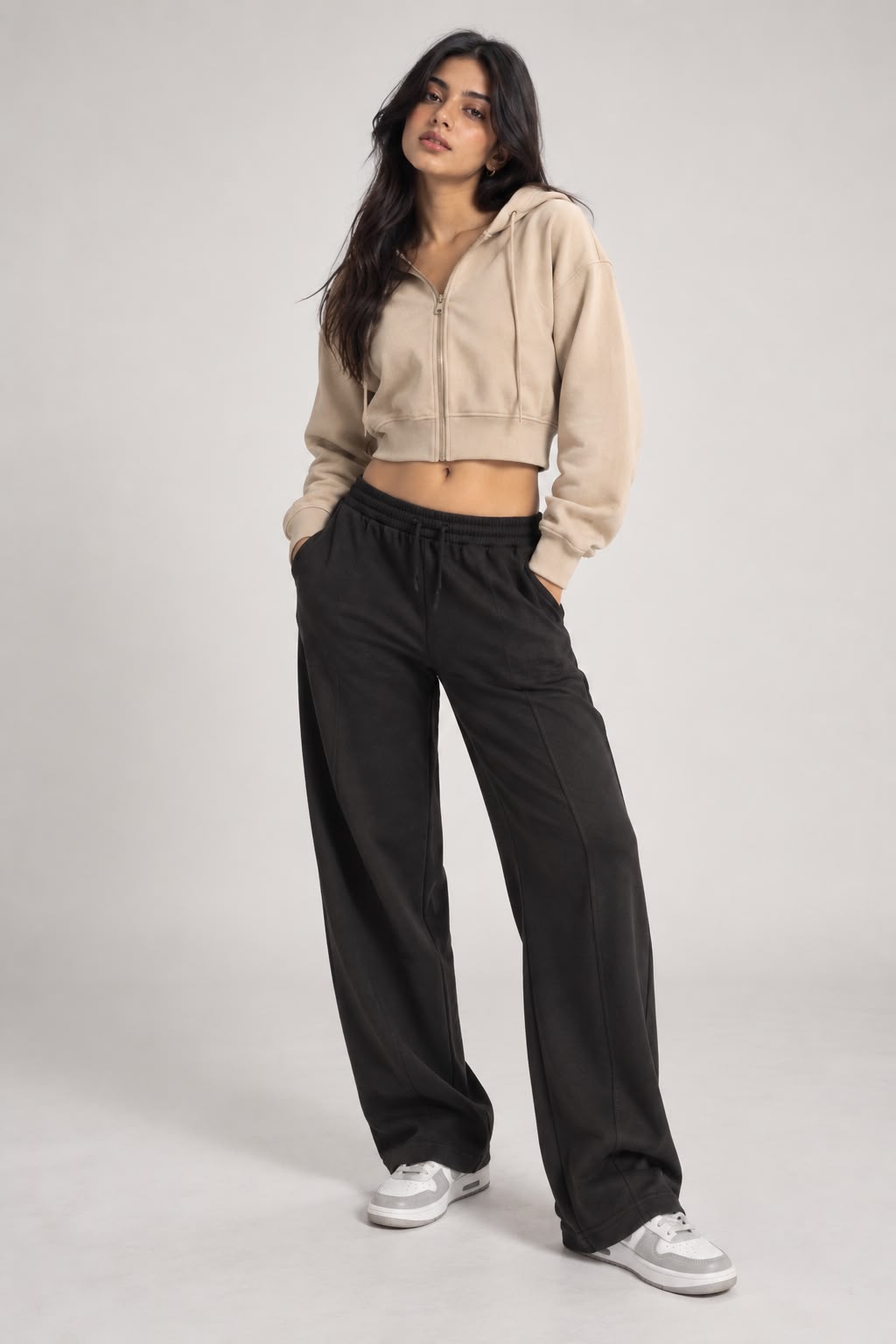 MOSAJC Beige Cropped Zip Hoodie & Black Wide-Leg Trackpant Set-2