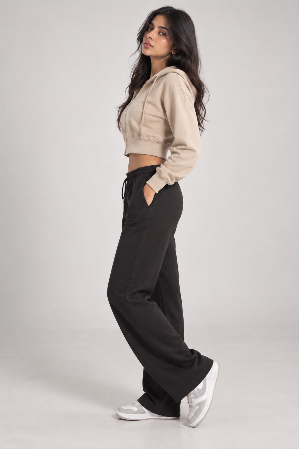 MOSAJC Beige Cropped Zip Hoodie & Black Wide-Leg Trackpant Set
