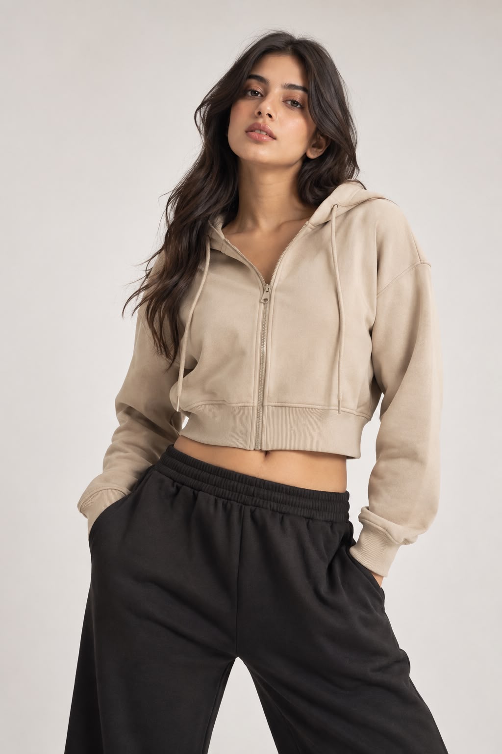 MOSAJC Beige Cropped Zip Hoodie & Black Wide-Leg Trackpant Set-3