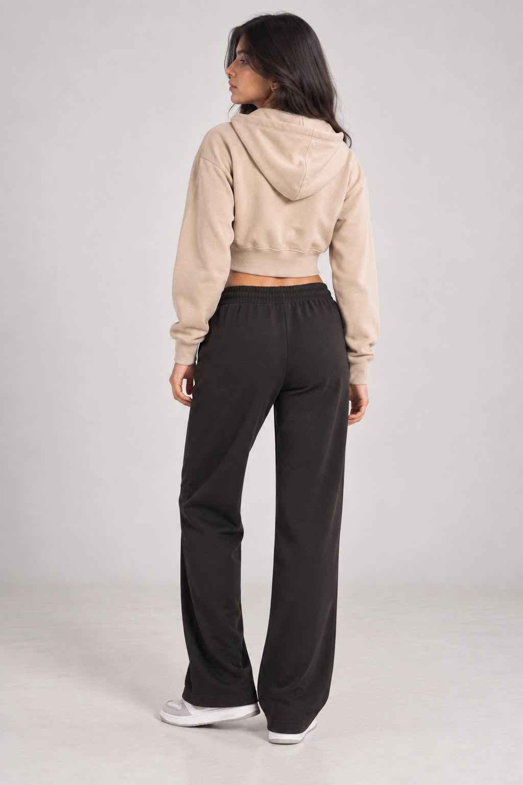 MOSAJC Beige Cropped Zip Hoodie & Black Wide-Leg Trackpant Set-4