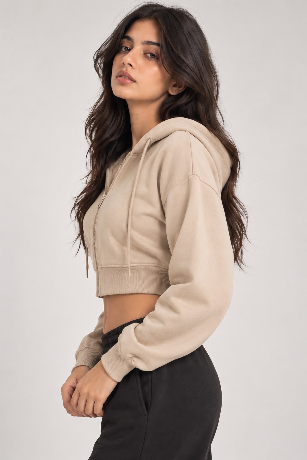MOSAJC Core Beige Cropped Zip-Up Hoodie-2