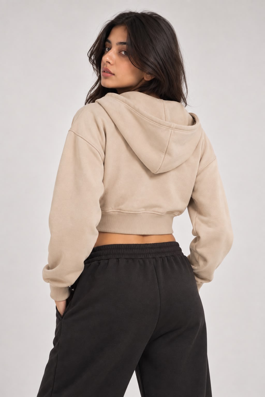 MOSAJC Core Beige Cropped Zip-Up Hoodie-3