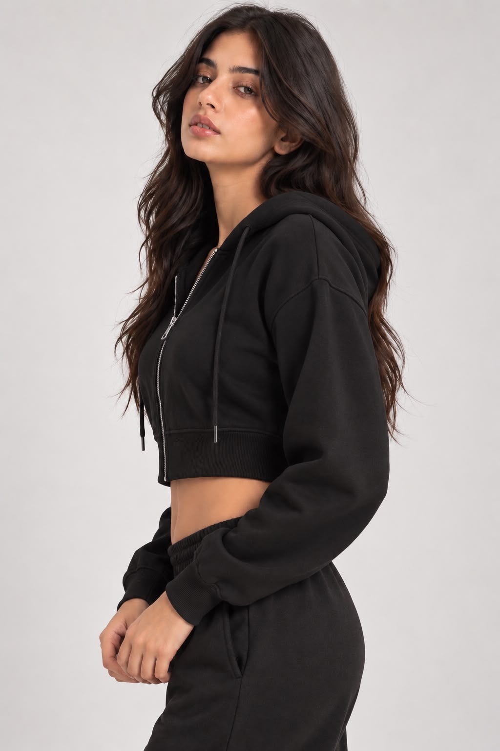 MOSAJC Core Black Cropped Zip-Up Hoodie – 280 GSM Cotton Fleece-3