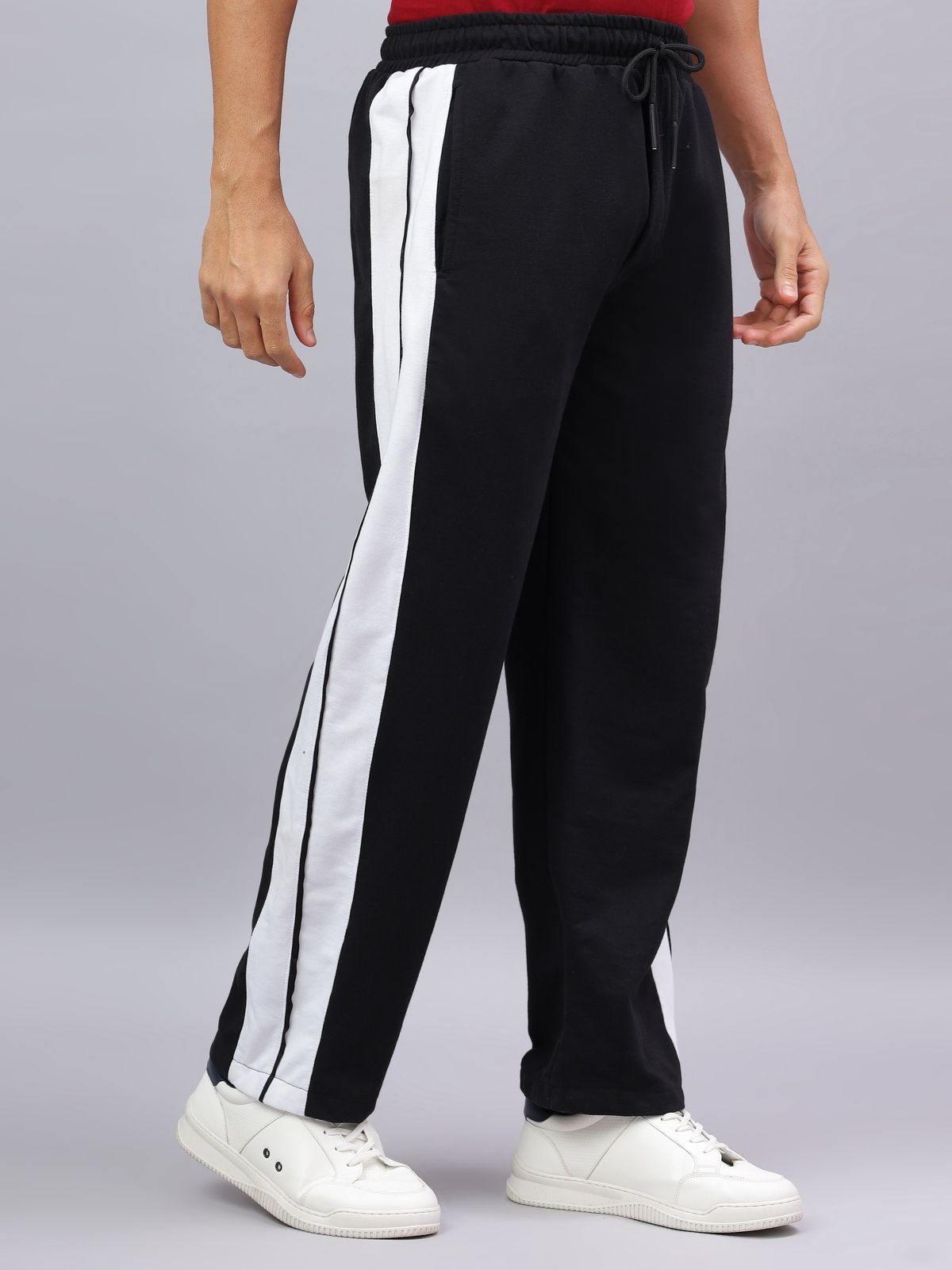 Black Dual Stripe Relaxed Fit Track Pants-4