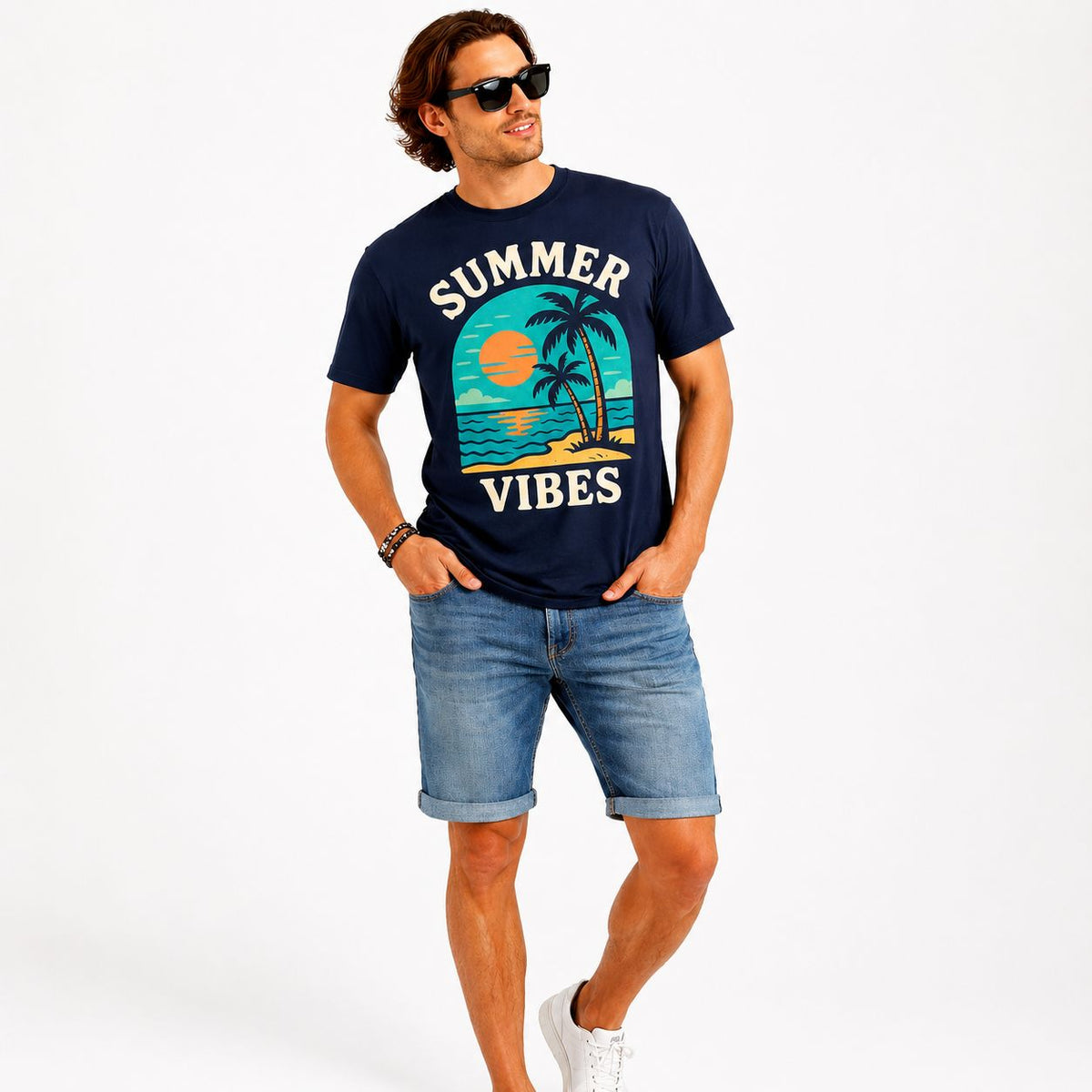 Men’s Navy Blue Summer Vibes Graphic Printed T-Shirt