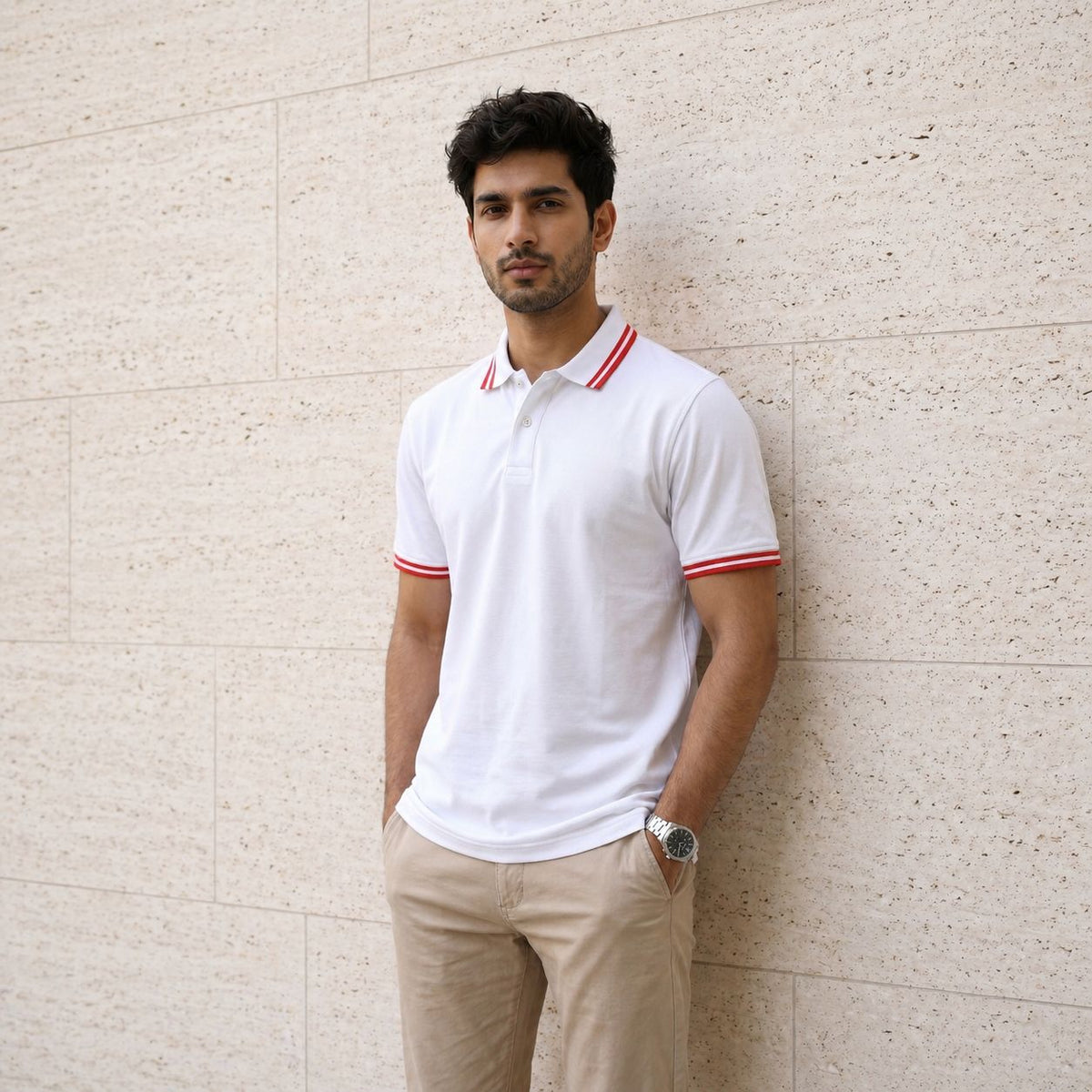 White Polo Tee with Red Stripe Detail