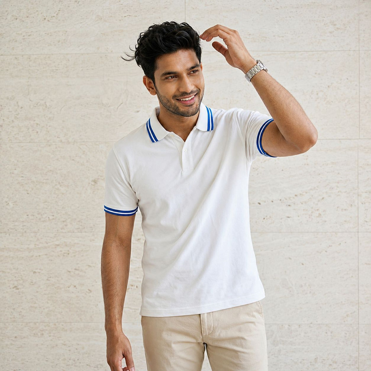 White Polo Tee with Blue Stripe Detail