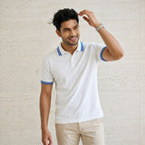 White Polo Tee with Blue Stripe Detail