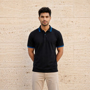 Black Polo Tee with Midnight Blue Stripe Detail