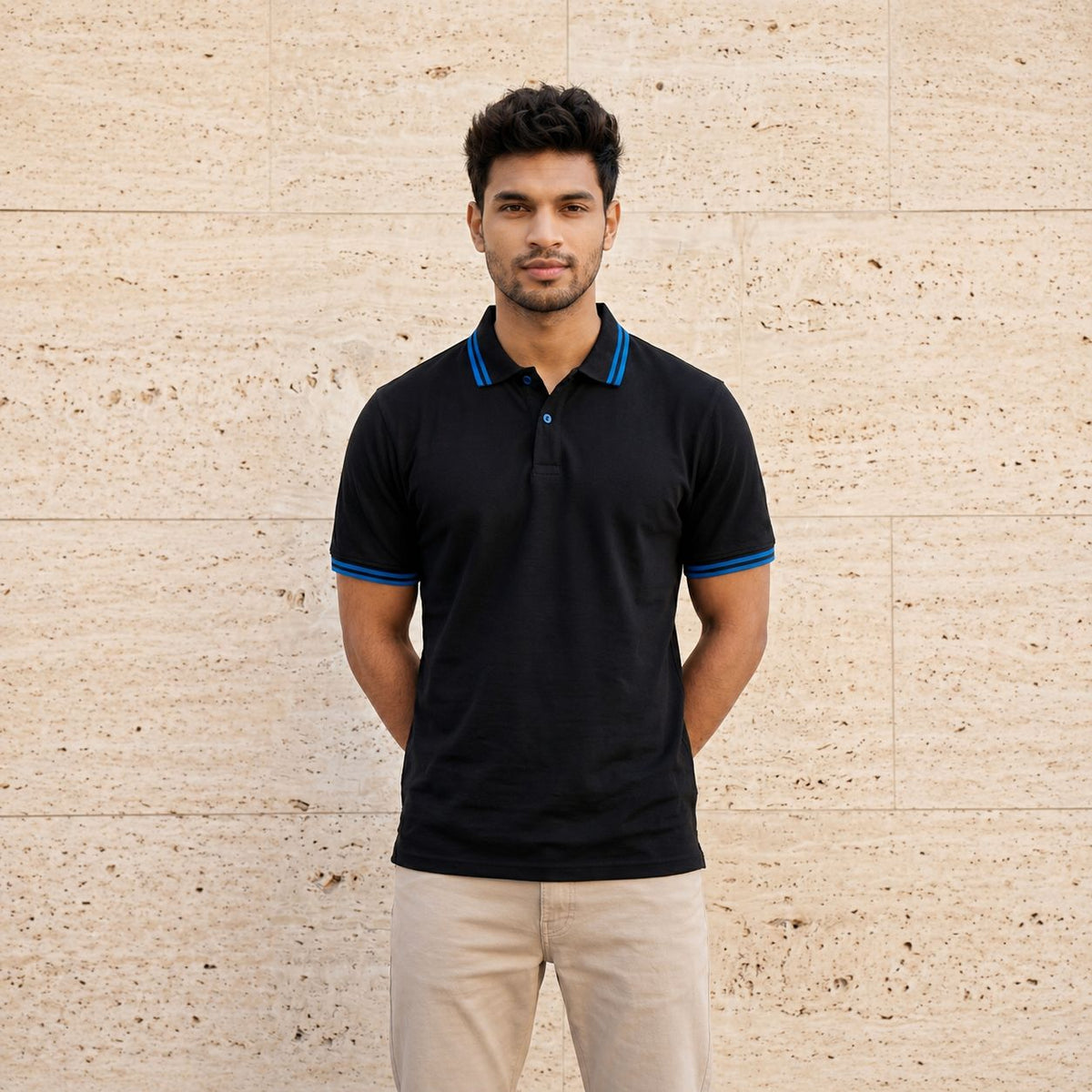 Black Polo Tee with Midnight Blue Stripe Detail