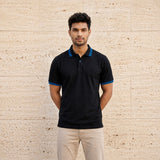 Black Polo Tee with Midnight Blue Stripe Detail
