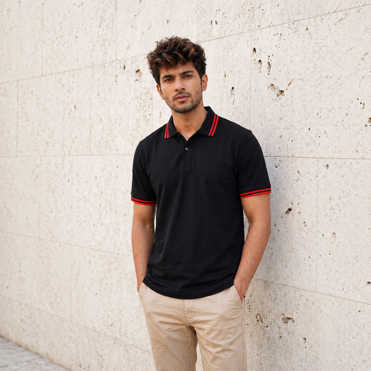 Black Polo Tee with Crimson Stripe Detail