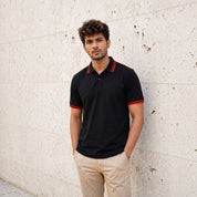 Black Polo Tee with Crimson Stripe Detail