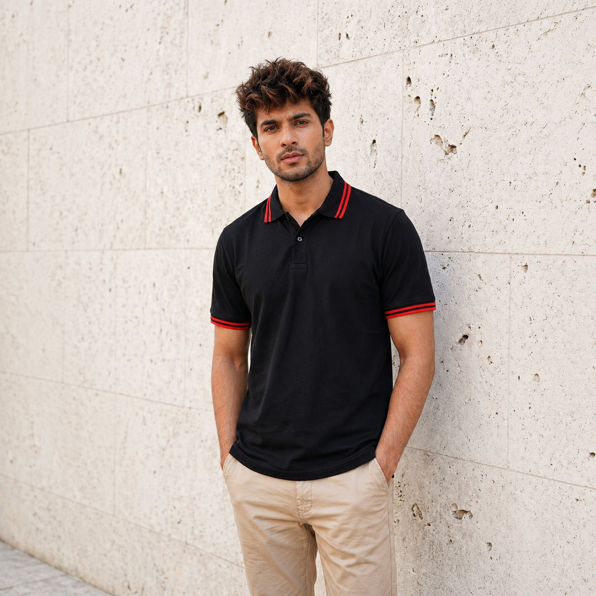Black Polo Tee with Crimson Stripe Detail