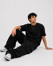 Relaxed Fit Cargo Trackpants – Black 260 Gsm
