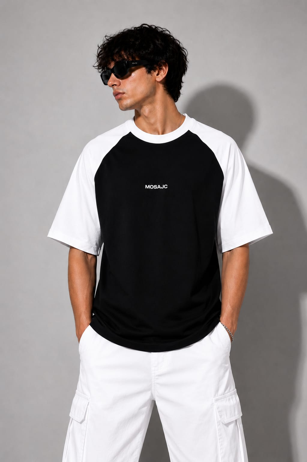 Noir Raglan Oversized T-Shirt – Black/White | 260 GSM French Terry Cotton -03 | MOSAJC