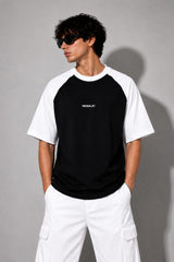 Noir Raglan Oversized T-Shirt – Black/White | 260 GSM French Terry Cotton -03 | MOSAJC