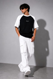 Noir Raglan Oversized T-Shirt – Black/White | 260 GSM French Terry Cotton -03 | MOSAJC
