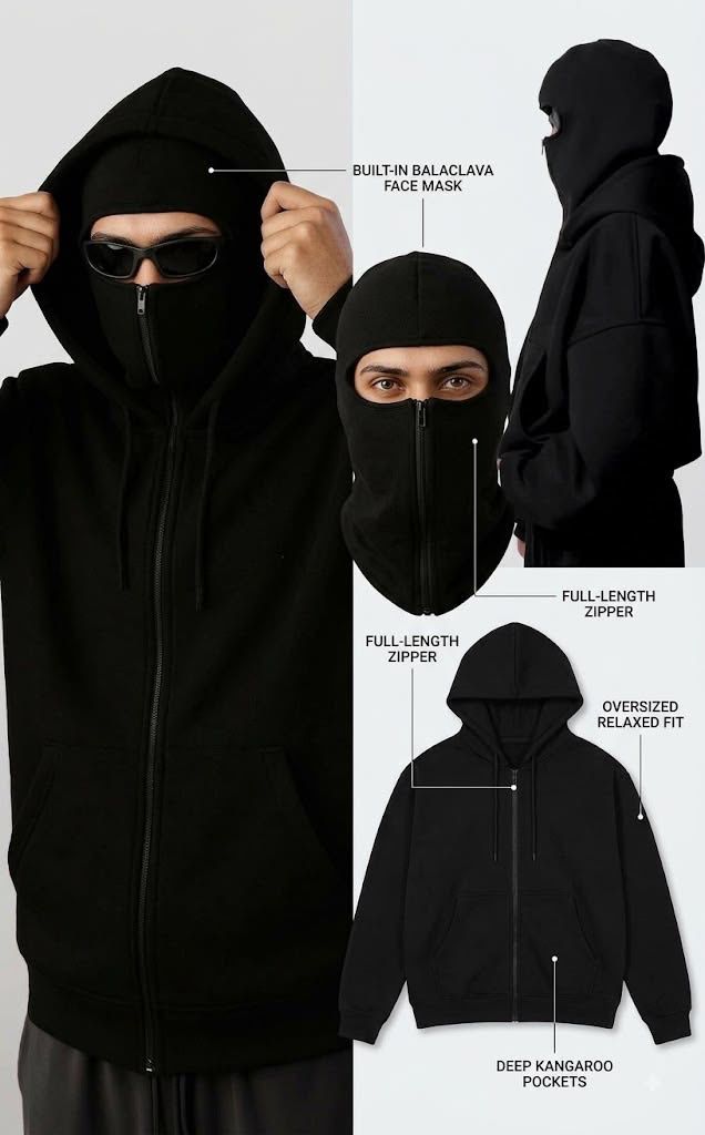 Black Shadowcore Balaclava Zip Hoodie-5