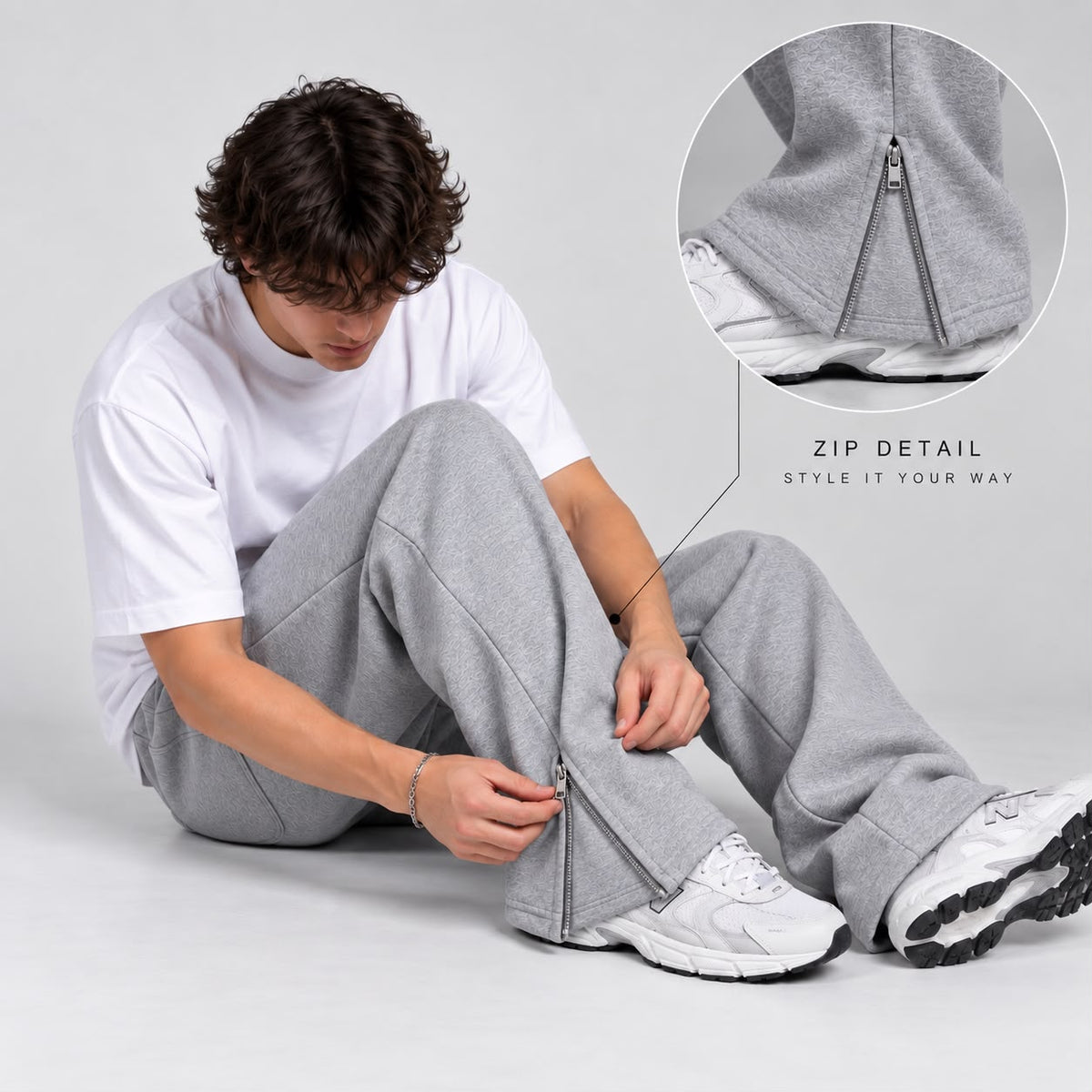 Heavyweight 350 GSM  Baggy Bottom Zip Trackpants ( Grey)-4