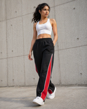 Side Zip Track Pants – Relaxed Fit | Black with Red Panel 260 GSM