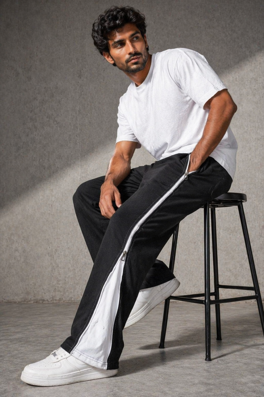 Dual Zip Track Pants – Black with White Panel