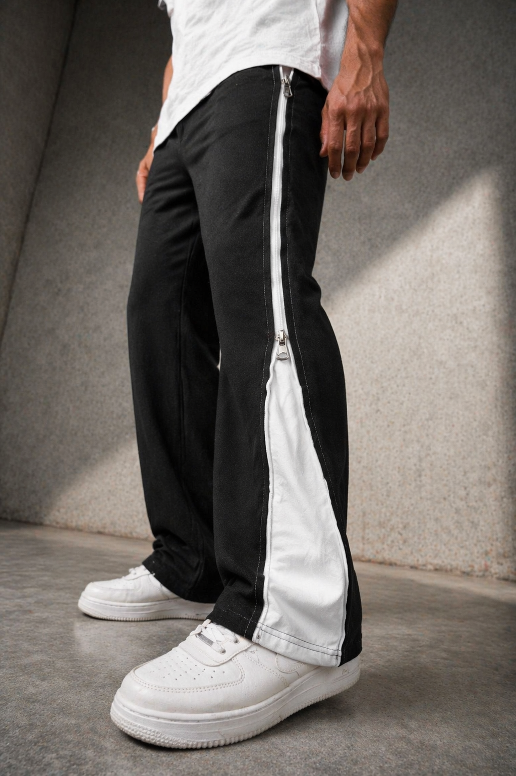 Dual Zip Track Pants – Black with White Panel