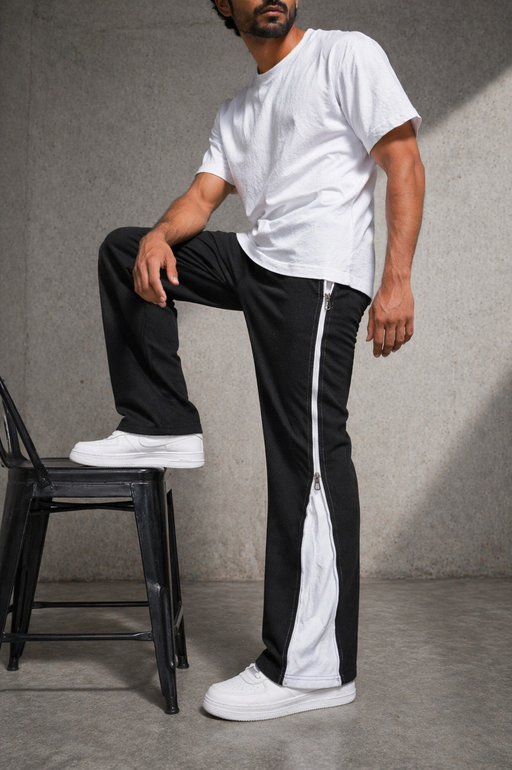 Dual Zip Track Pants – Black with White Panel-4