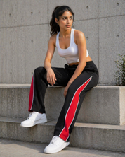 Side Zip Track Pants – Relaxed Fit | Black with Red Panel 260 GSM