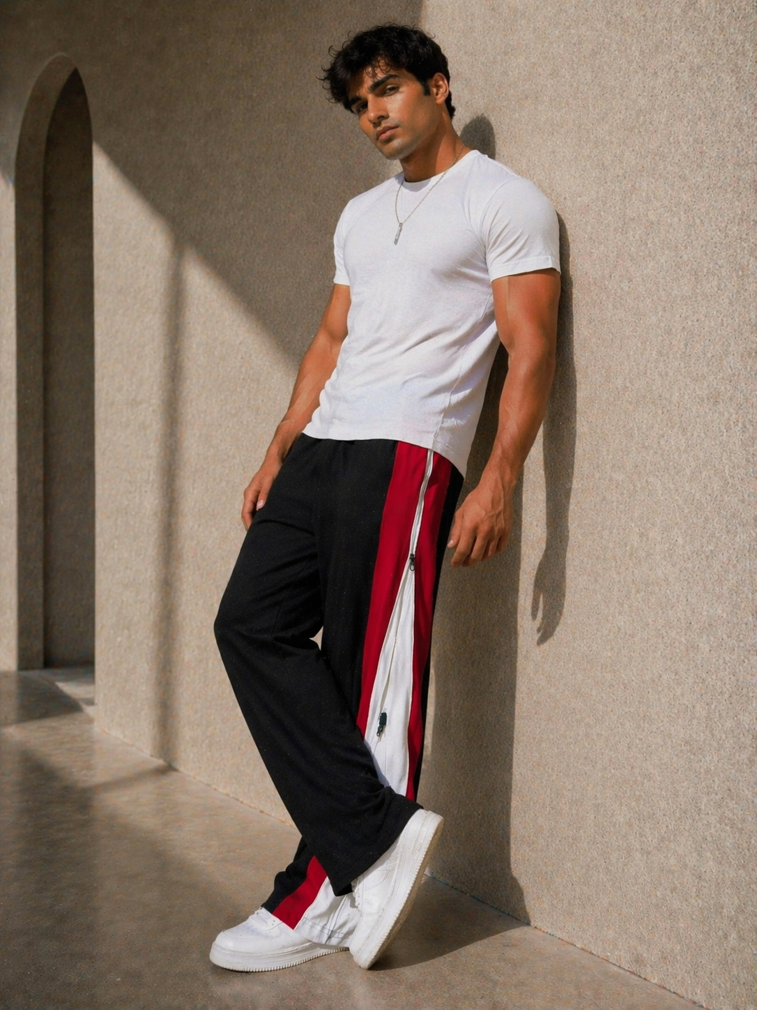 Crimson Split Zip Track Pants – Black with Red/White Panel