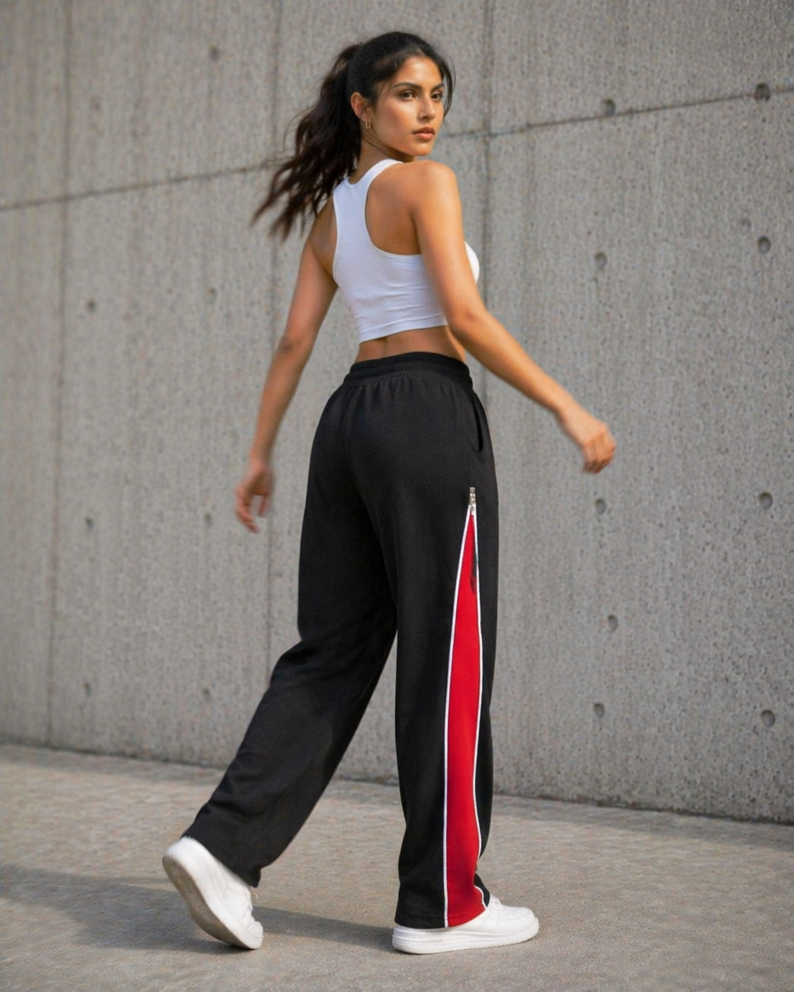 Side Zip Track Pants – Relaxed Fit | Black with Red Panel 260 GSM