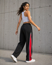 Side Zip Track Pants – Relaxed Fit | Black with Red Panel 260 GSM